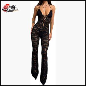 Lace Jumpsuit, V Neck Backless See Through Flare Pants Romper